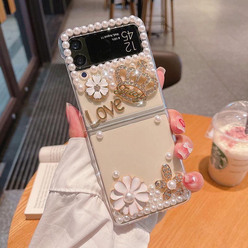 For Samsung Zflip4 Transparent Mobile Phone Case Three-dimensional Rhinestone Flower Light Luxury Crown Ins Style Zflip3 Niche