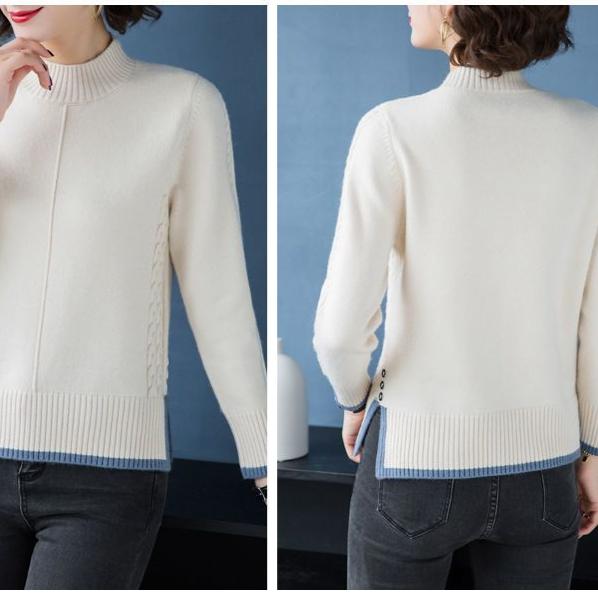 Fall/Winter Women's Semi-Turtleneck Sweater Thickened Loose Pullover Knitwear Split Stretch Knit Jumper