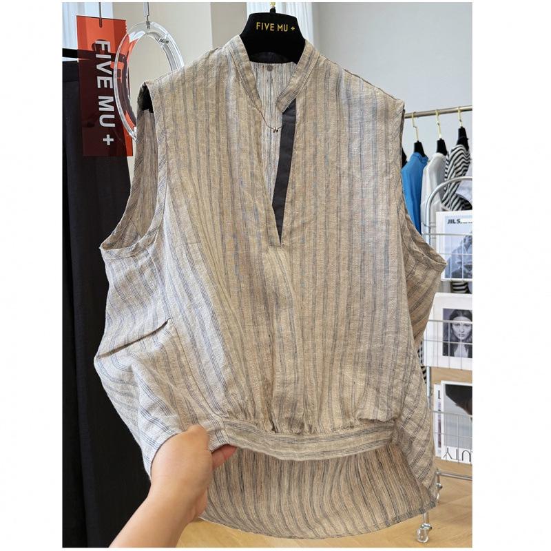 

Chic Striped Linen Sleeveless Shirt for Women - Summer Vest Tank Top Medium