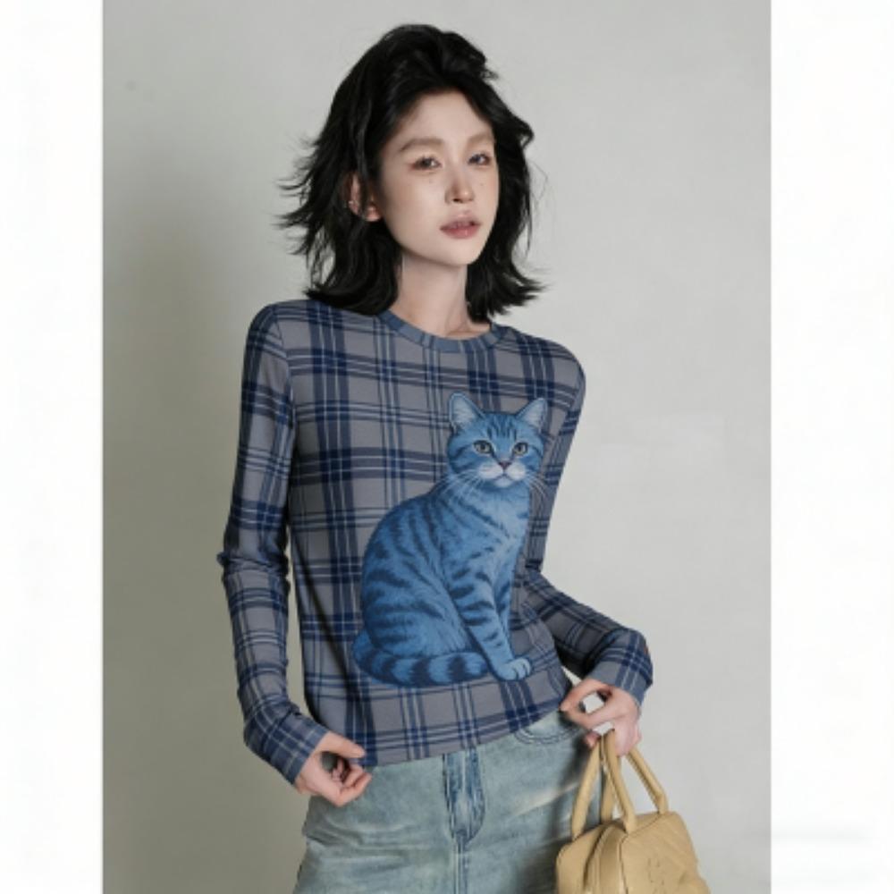 Spring Europe America Fashion Animal Cat Print Women's T-shirt Casual Pullover Women Long Sleeve Clothing Outdoor Casual Tees Top