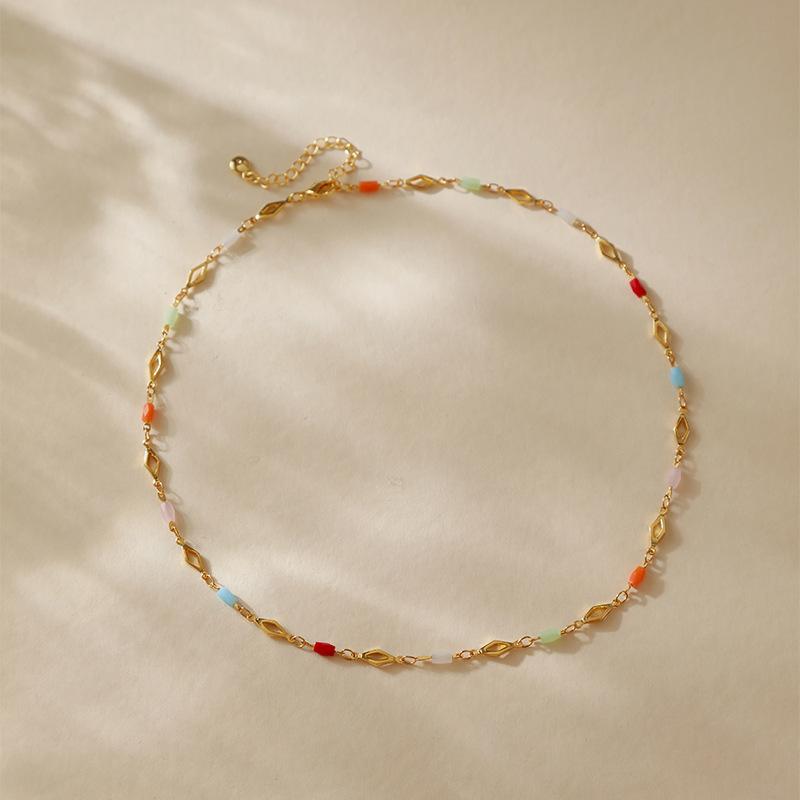 Simple Ins Style Colorful Crystal Beaded 18k Gold Plated Clavicle Necklace