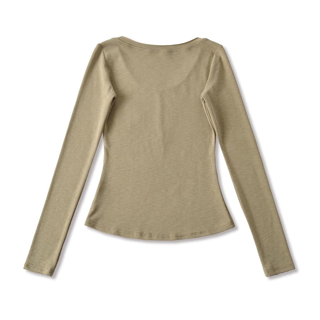 Women's Slim-Fit Long-Sleeve Henley V-Neck Top with Pocket, Stretchy Fine Cotton, Spring/Autumn Style
