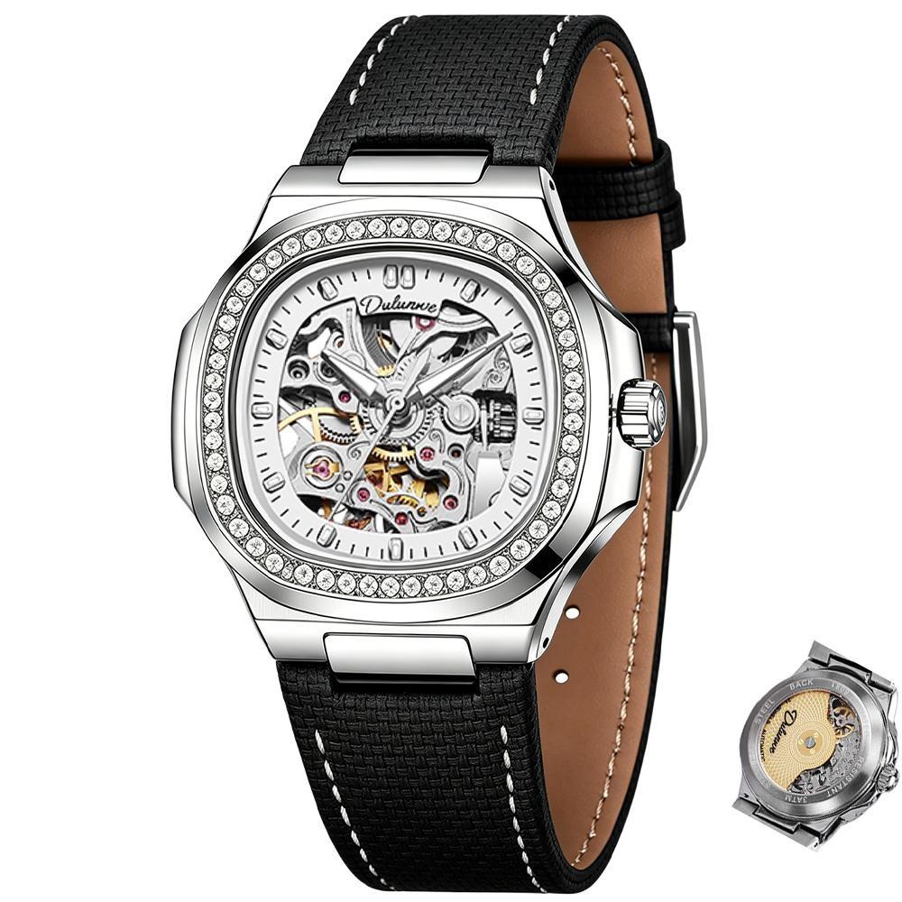 Skeleton Mechanical Watches Rose Gold Case Diamond Bezel Luminous Waterproof Fluororubber Strap Watch