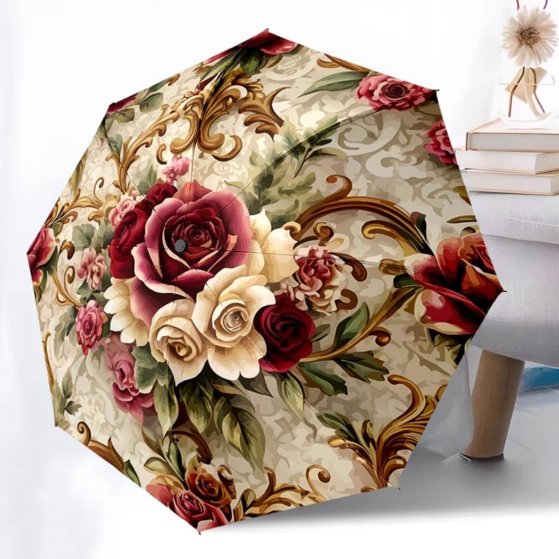 Flower Theme Folding Umbrella - Fashionable Auto-Open Design 8 Iron Ribs Plastic Handle Foldable Sunshade Perfect Christmas Gift