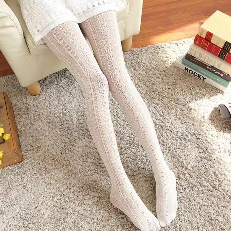 Lolita Fashion White Lace Jacquard Pantyhose - Cute, Breathable, Japanese JK Style (Adult)