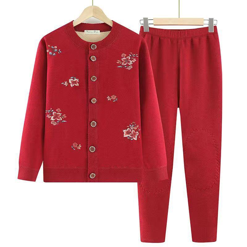 Cardigan Sweater Jacket Velvet Old Lady Autumn Clothes Mother Two-piece Set Elderly Winter Wear Warm Clothes Set