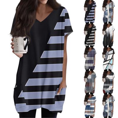 Womens Tops V-neck Short Sleeve Blouses Casual Mid-length Shirts Fashion Print Tunic Tops With Pockets