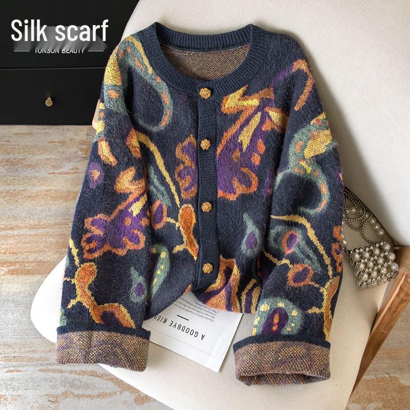 

Женский вязаный свитер Sibaisha в стиле ретро с вышивкой и металлической пряжкой L