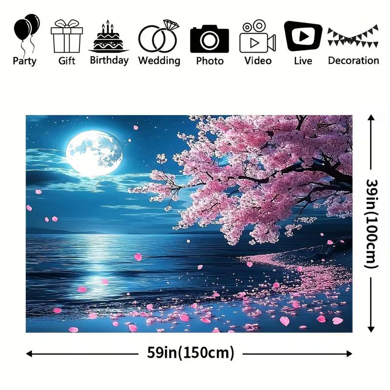 2D Spring Sakura Night View Background Cloth Moonlight Ocean Tapestry for Bedroom Decor