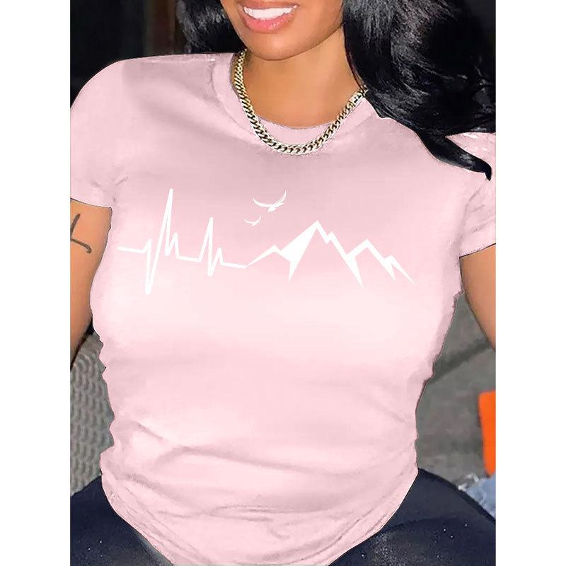 Letnia okrągła szyja góra z nadrukiem wzoru górskiego modna casualowa z krótkim rękawem damskie bawełniane koszulki