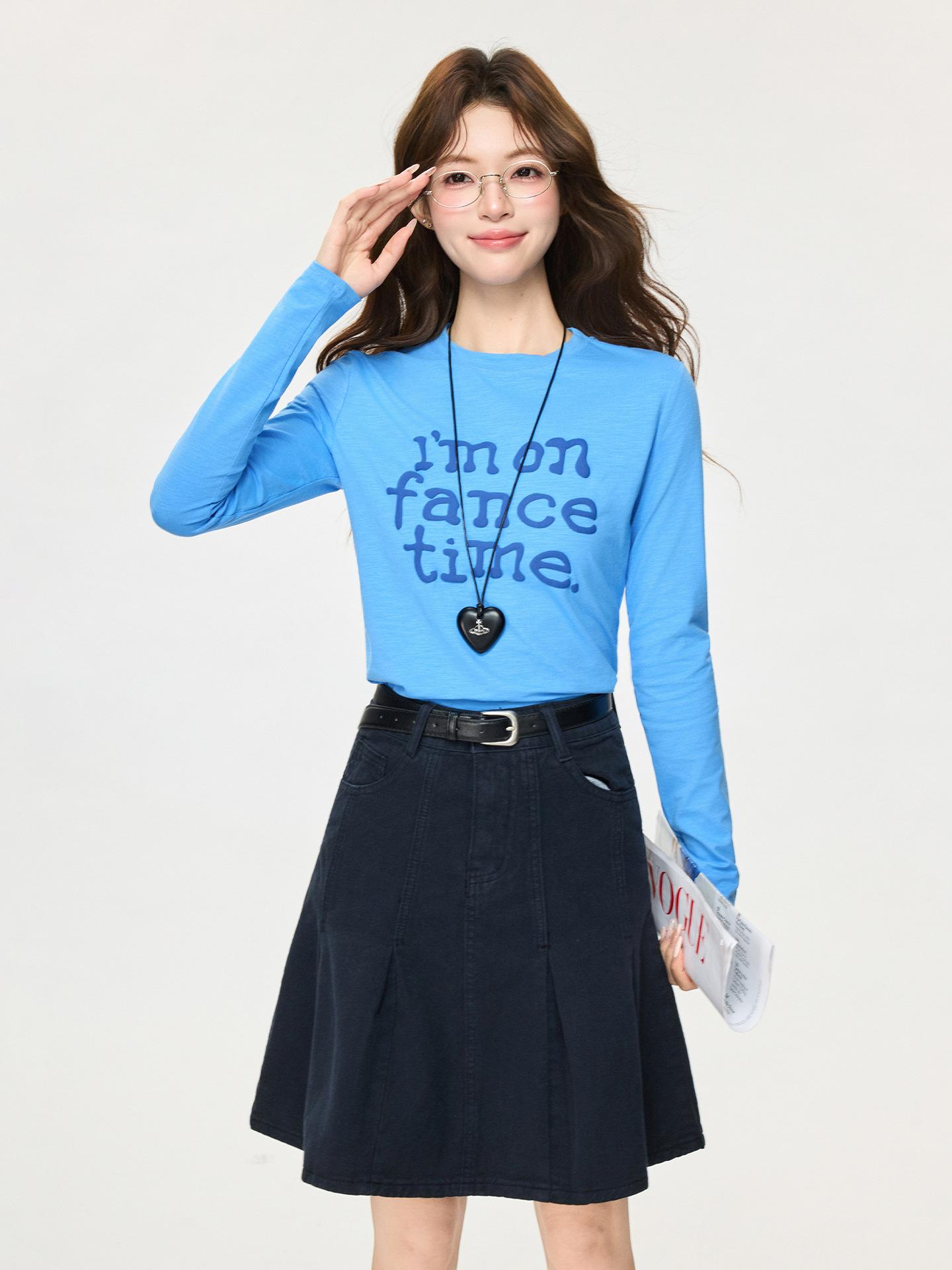 

Blue crew neck three-dimensional printing long-sleeved T-shirt women s spring new inner bottoming shirt and loose top S синий