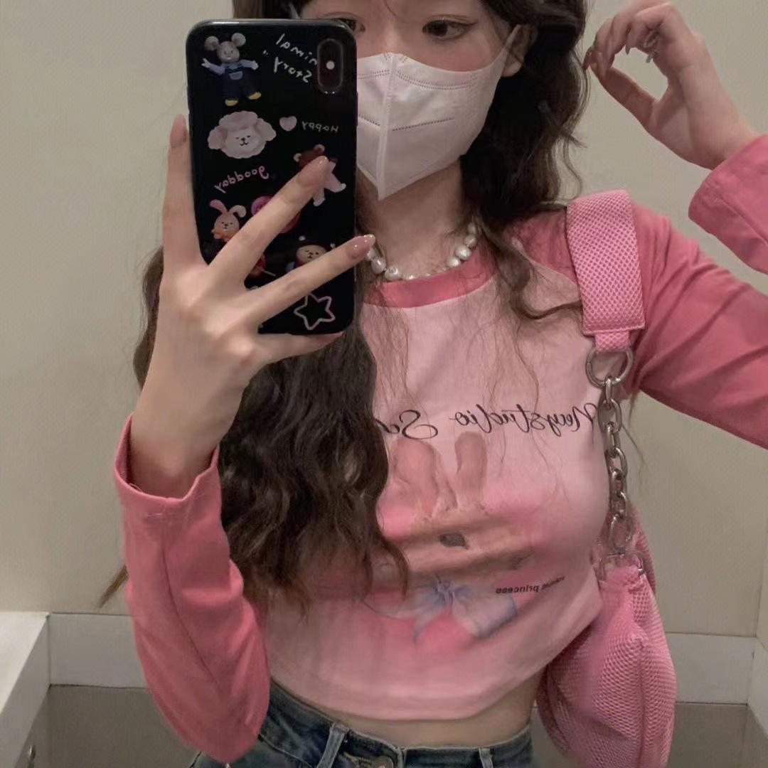 

Women s American Hot Girl Slimming Crop Long Sleeve T-shirt - Autumn Fashion Round Neck Top XXL розовый