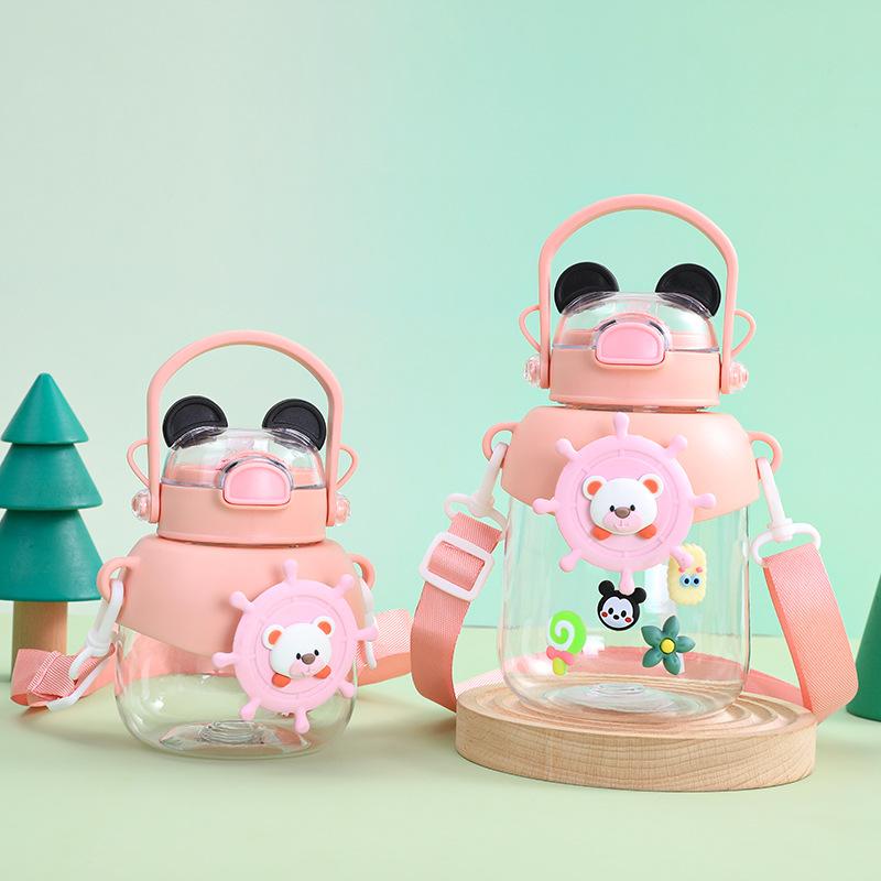 Water bottle spot PP plastic water cup children's handle cartoon cat ear water cup outdoor sports portable straw cup LOGO