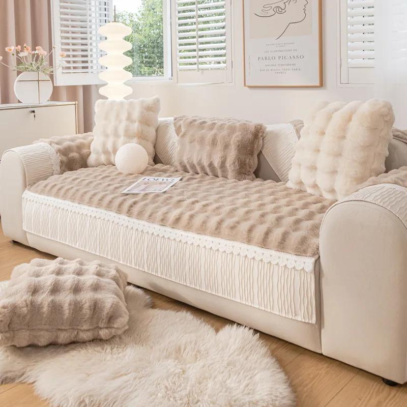 New Thicken Imitation Rabbit Fur Plush Sofa Slipcover Non-slip Soft Sofa Towel Couch Cushion for Living Room Modern Home Decor