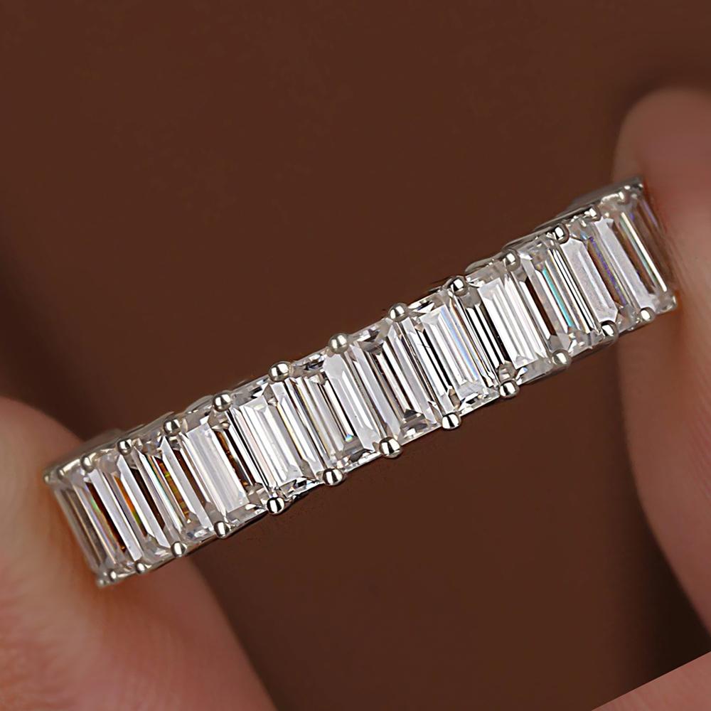 FEOBUR 2*4mm Emerald Cut All Moissanite Wedding Ring for Women Baguette Lab Diamond Eternity Band 925 Silver Jewelry