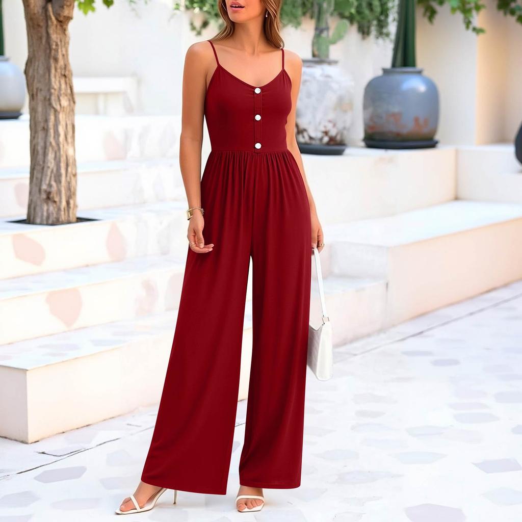 Women Sleeveless Wide Leg Jumpsuit with Spaghetti Straps Button Front Casual Loose Fit Long Pants Romper for Daily Wear