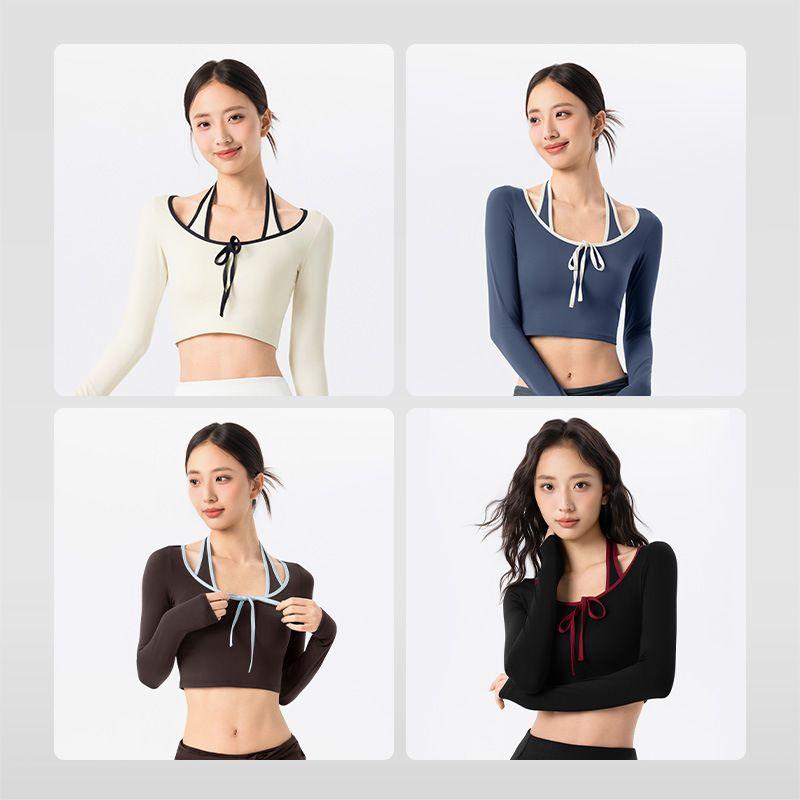 Export Fake Two-Piece Halterneck Long-Sleeved Fixed Cup Short Sports Tops Contrast Color Binding Easiest for Match Fitness Yoga Wear Women