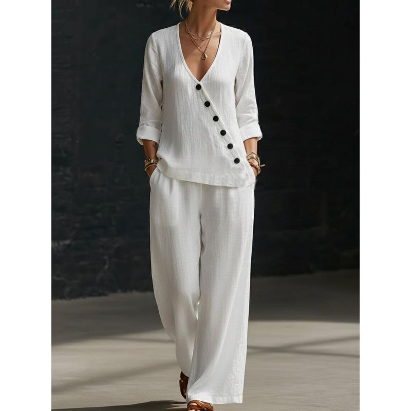 2026 Spring and Summer New Women's Clothing, European and American Minimalist Temperament Loose V-neck Diagonal Button Shirt Wide-leg Pants Two-piece
