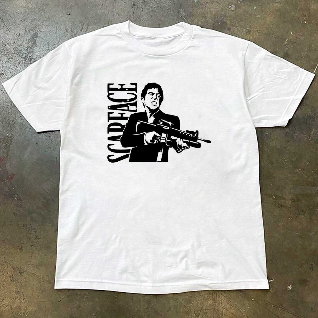 

Белая футболка с коротким рукавом и принтом «Лицо со шрамом Тони Монтана» из фильма «Погнали» из хлопка, мужская одежда, 100% хлопок, свободные топы, дышащая футболка 4XL