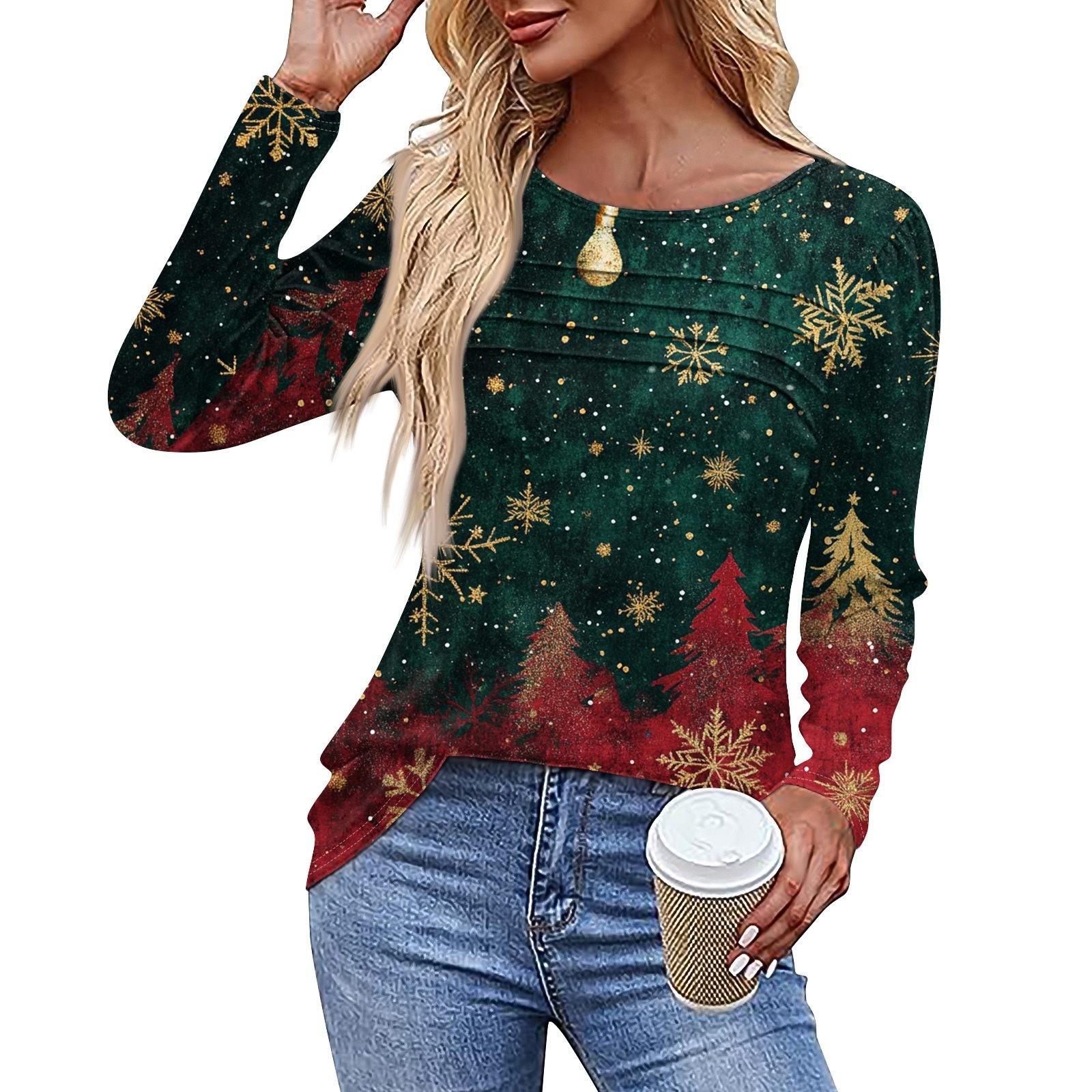 Женская повседневная модная футболка с круглым вырезом и длинными складками на Рождество — фото 10