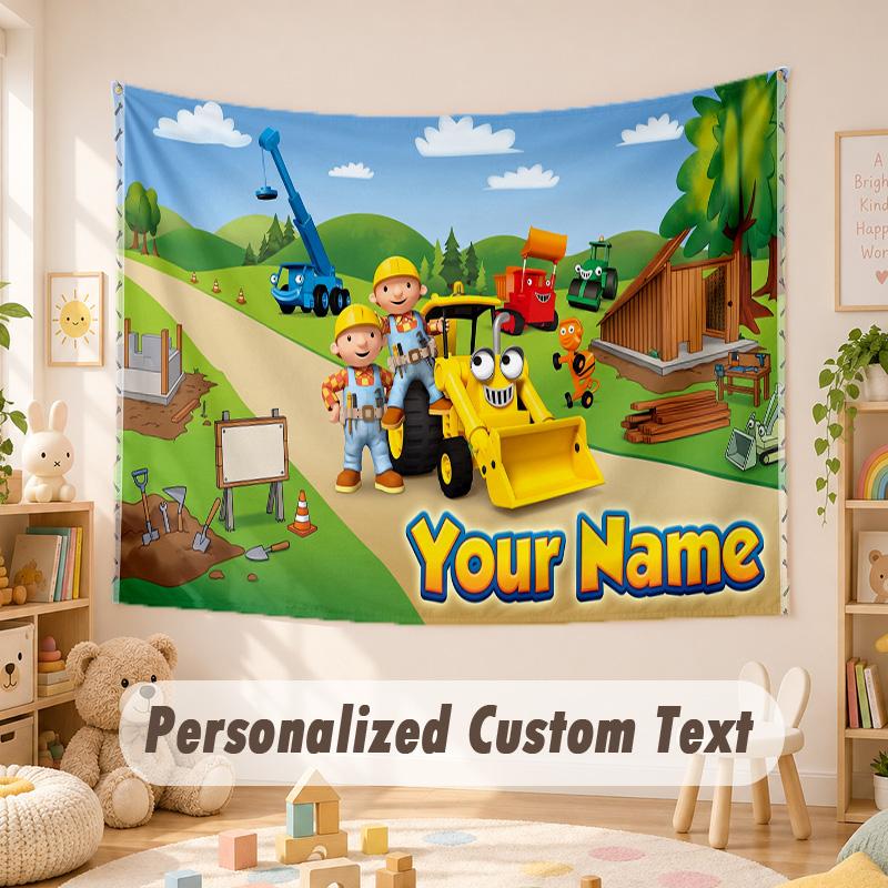 Custom Name Text Tapestry,Bob the Builder Boho Wall Hanging, Decorative Backdrop Tapestry For Room