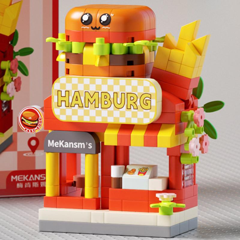 NEW DIY Hamburger Restaurant Coffee Store Flower Street View Food Building Blocks Kit Girls Bricks Movie Model Kids Toy Children