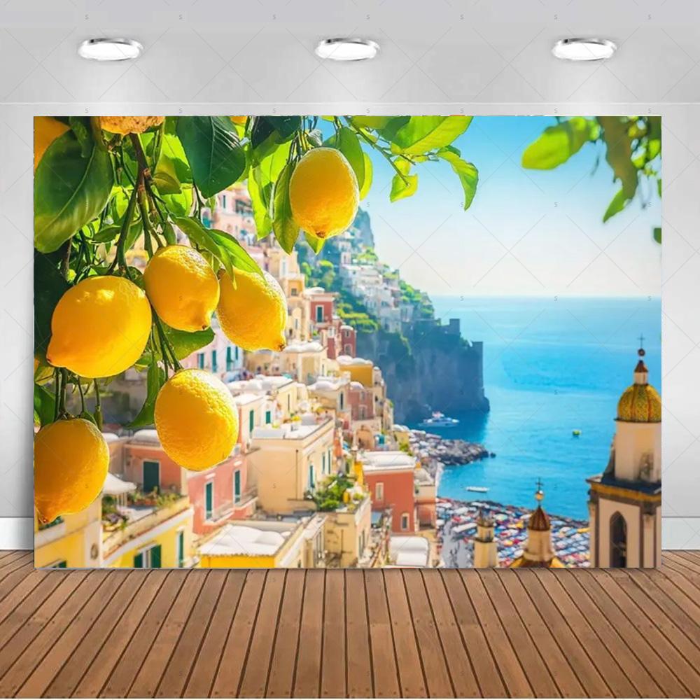 Seaside Town Lemon Tree Background Banner Open Window Landscape Backdrop Supplies Photography Prop Birthday Party Decorations