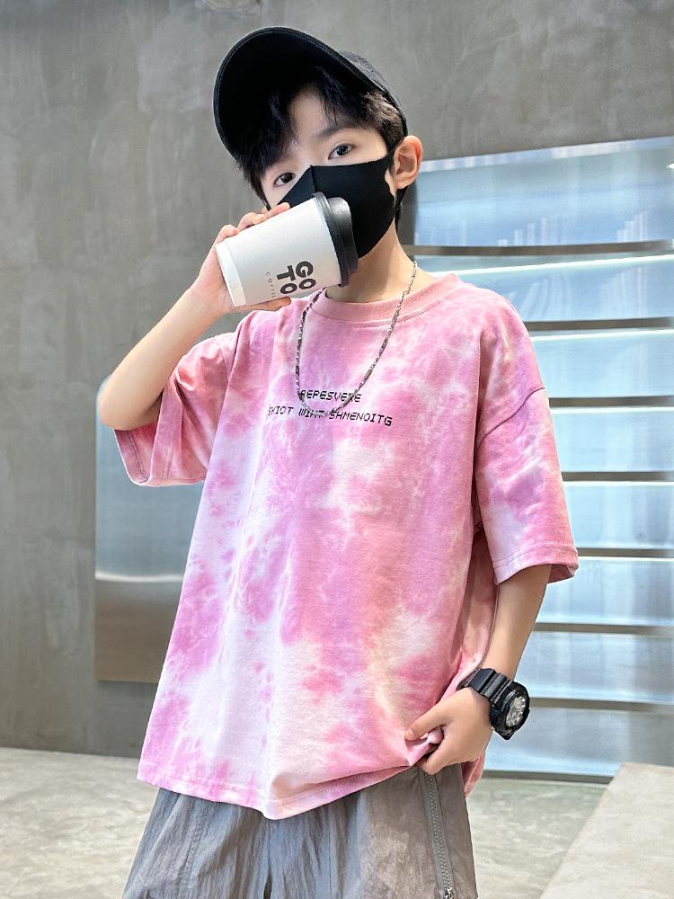 2025 Boys' Trendy Tie-Dye Cotton T-Shirt: Short-Sleeve, Breathable Summer Streetwear for Older Kids