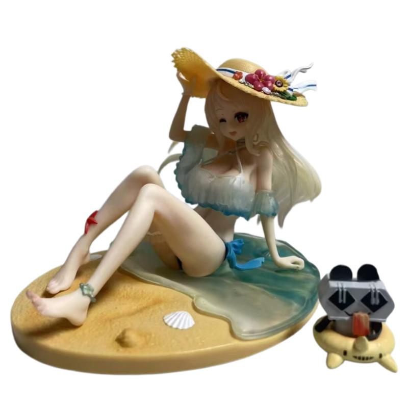 Anime Straw Hat Girl Model 15cm PVC Beach Sitting Pose Statue With Mini Companion Desktop Decor For Anime Game Otaku Collection