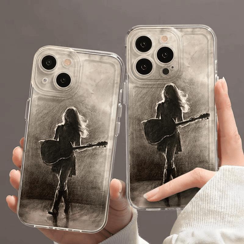 Dark Guitar Girl Cartoon Soft Shell Phone Case for iPhone 13/14/15 Pro/16 Pro Max