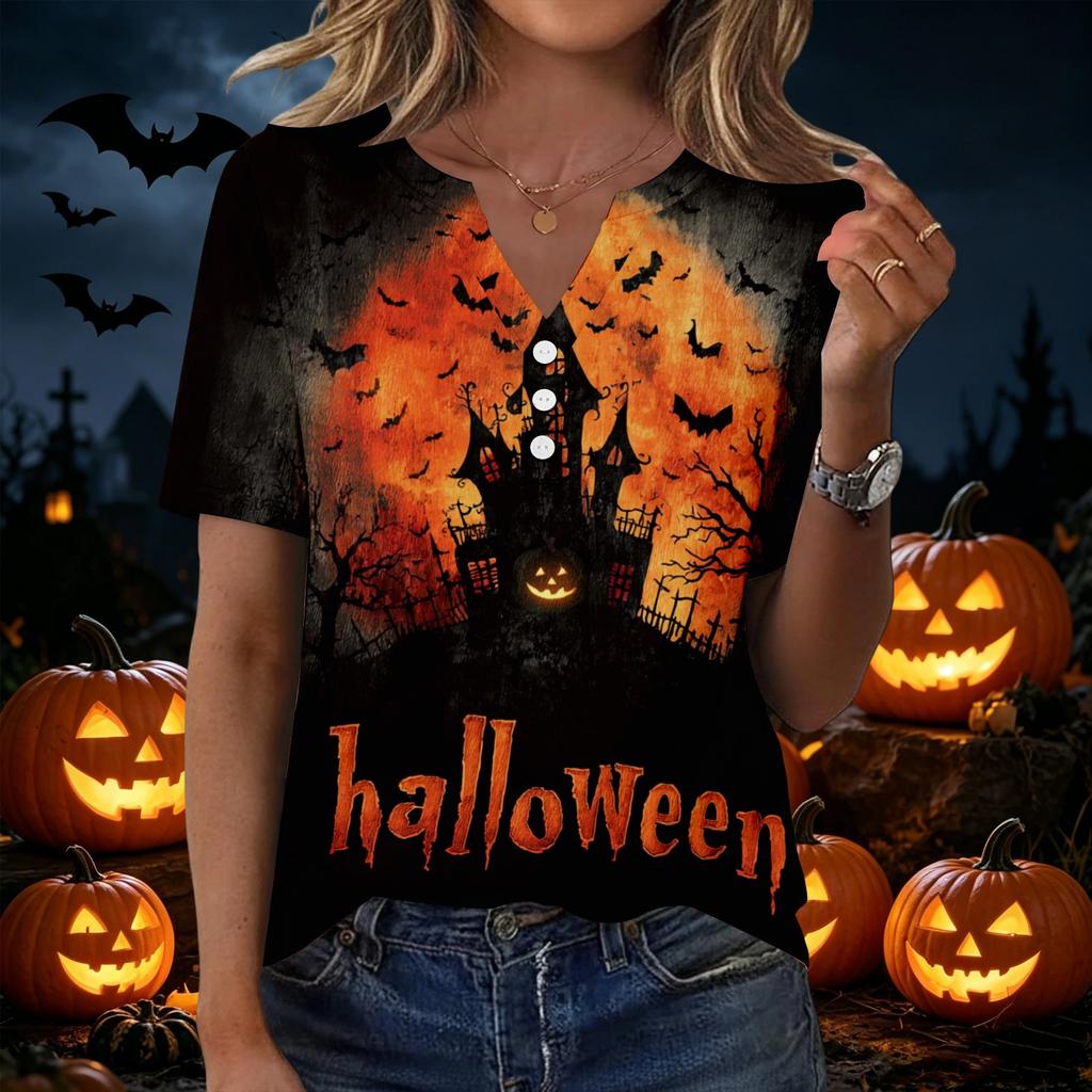 Women Casual V Neck Button Front Halloween Print T Shirt Top Three Quarter Sleeve Lightweight Soft Fabric Relaxed Fit