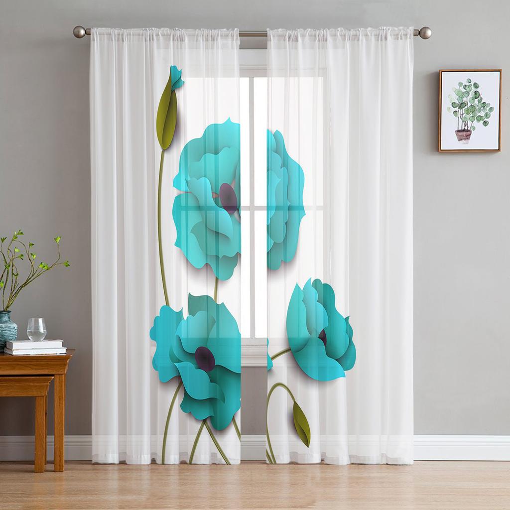 Blue Rose Flower Butterfly Glassy Gauze Curtains For Children's Bedroom Kitchen For Living Room Holiday Decor Voile Curtain