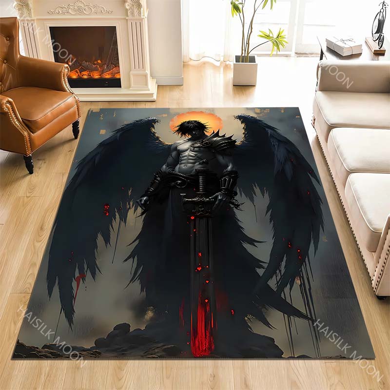Dark-winged warrior holding sword Print Carpet Rug for Living Room Bedroom Sofa Doormat Home Decor Non-slip Floor Mat