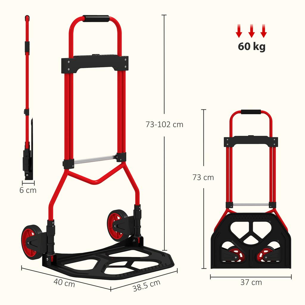 Luggage Cart with Telescopic Handle. Steel Frame. 60kg. Red