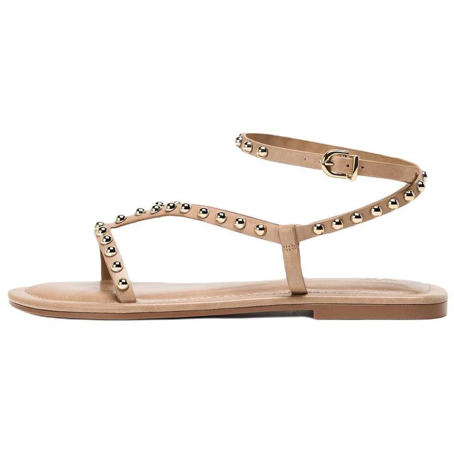 Zara Pu Round Toe Flat Buckle Metal Bead Strap Flat Sandals Women Sandals Beige 2629510098