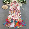 Spring Autumn Women Print Designer Runway Dress Oversized Loose Single Breasted Long Maxi Lace-up Party Dress for Graduation
