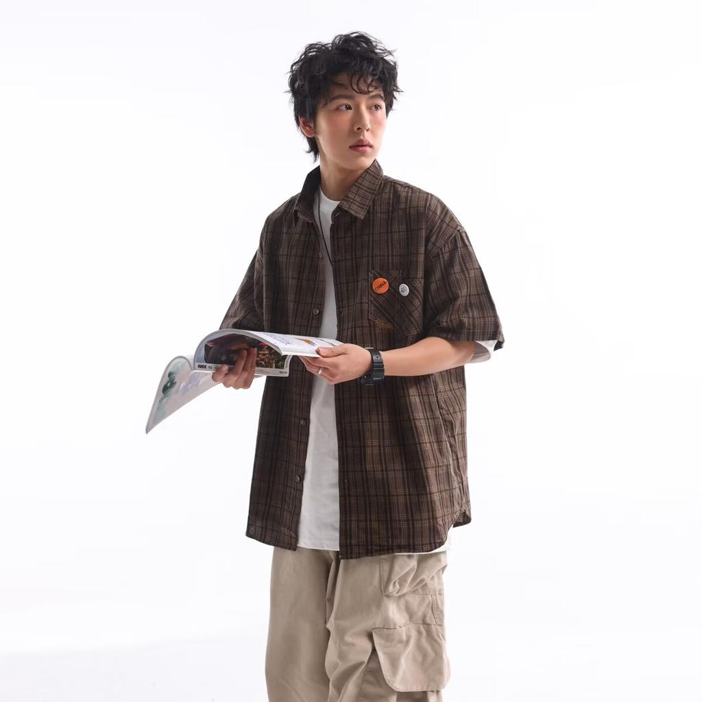 Checkered Striped Summer Thin Collar Short Sleeved Shirt Casual Loose Men'S And Women'S Five Quarter Sleeve Trendy Brand Shirt