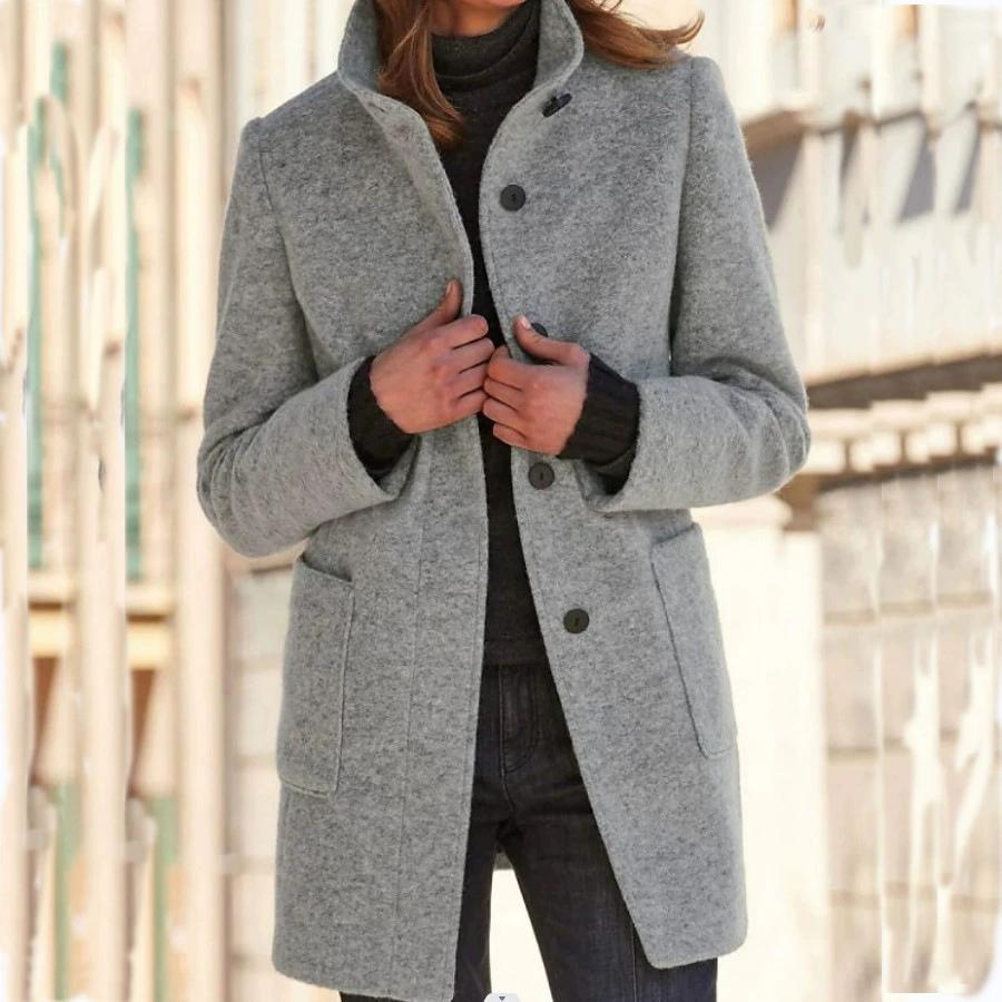 Autumn and Winter Retro Button Up Collar Woolen Coat for Women In Europe and America