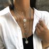 Collana Personalizzata con Croce Geometrica a Rilievo, Collana Lunga Retro Eccessiva Multi-Strato con Ritratto