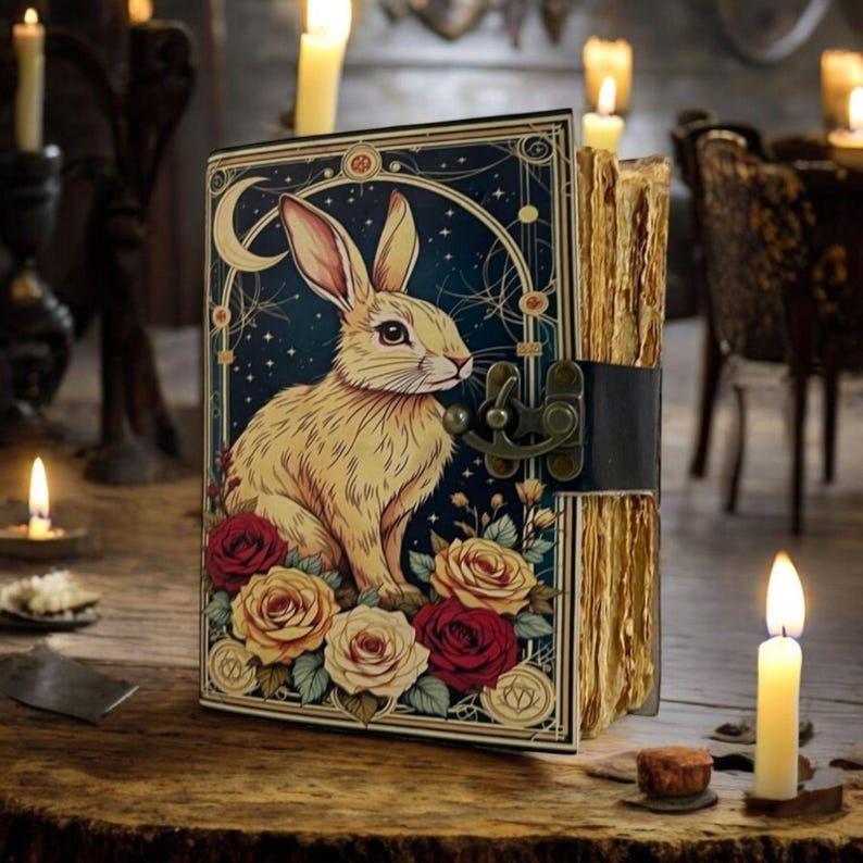 

Leather Journal Gothic Notebook The Easter Rabbit Grimoire Print - Vintage Handmade Journal Book of Shadows Witchcrafts Journal Gift for Men 7 x 5 in