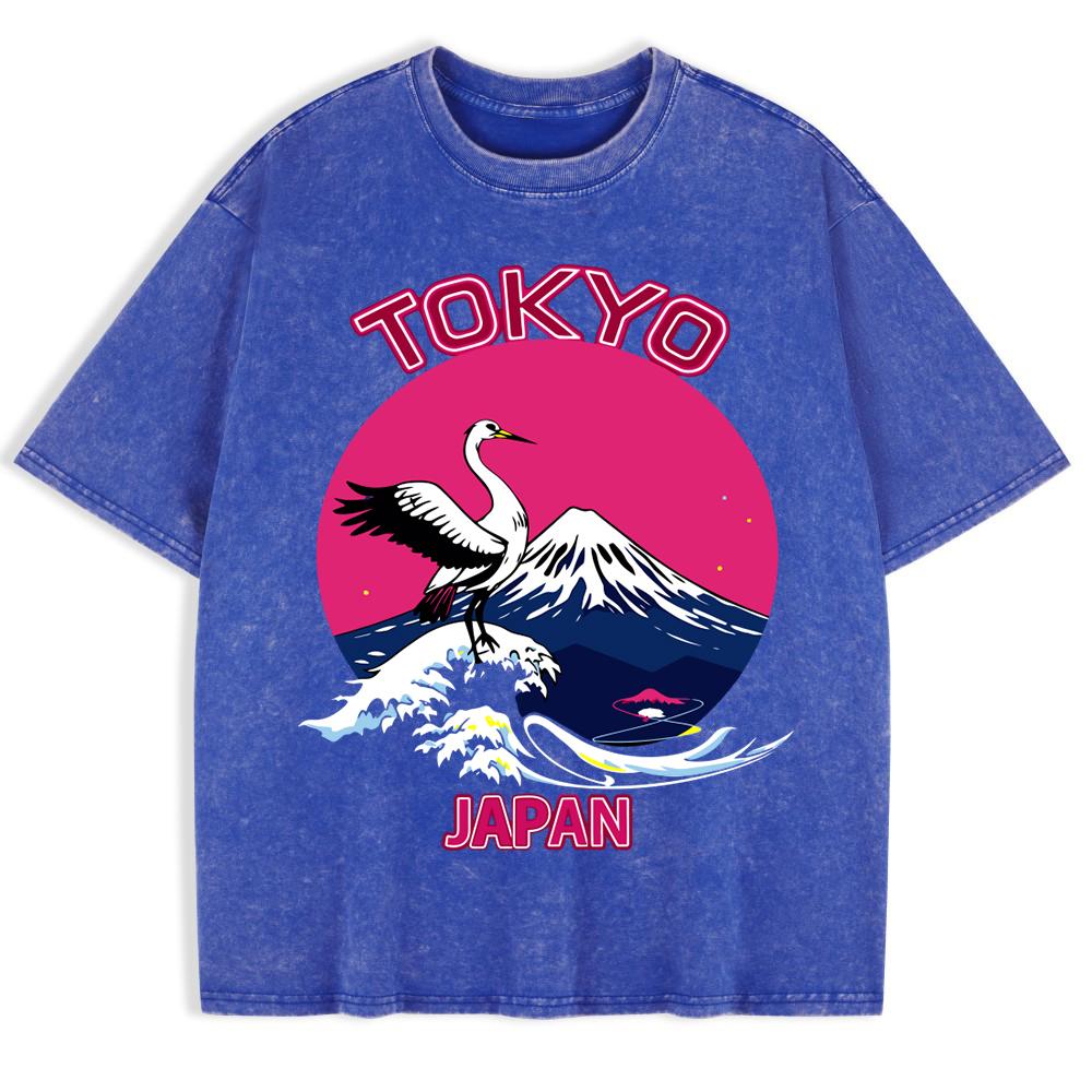 Japan Tokoy Waves Harajuku Washed T-Shirts Mens Cotton Short Sleeve Tops Street O-Neck Oversize T Shirt Clothes