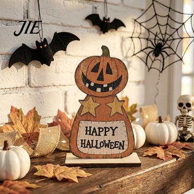 Minimalist Home Accessories Cute Halloween Black Cat Pumpkin Skull Decor, Vintage Boo Wooden Natural Craftsmanship Gifts Signs, Tabletop Decoration