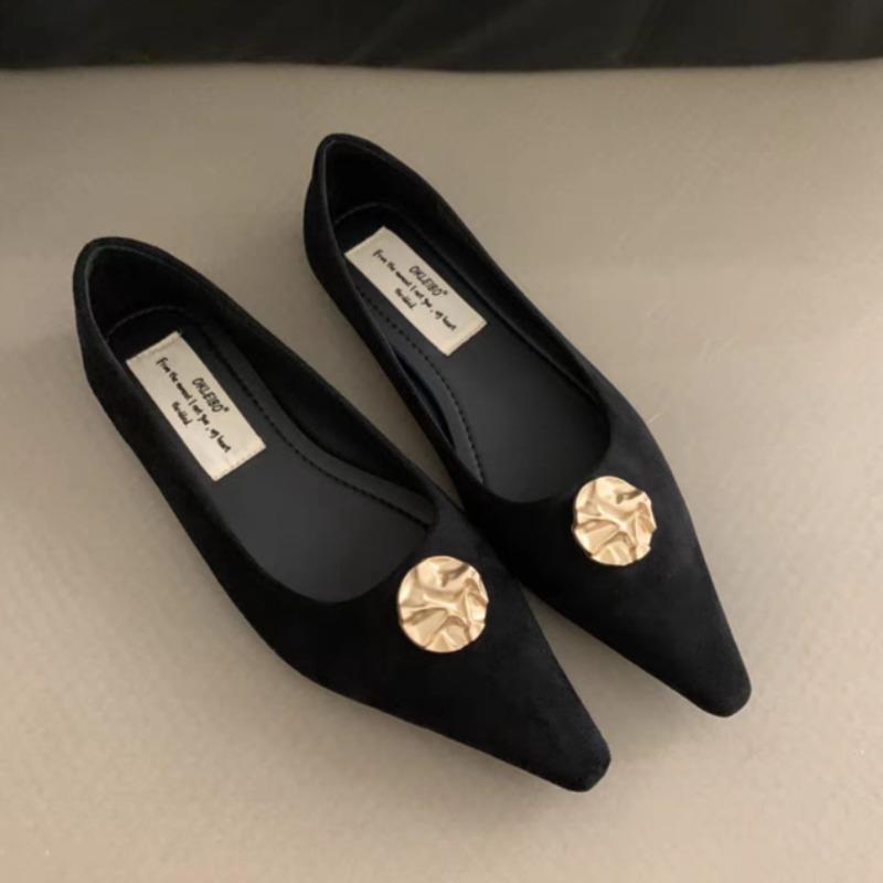 Fashion Spring New Flat Shoes Women's Pointed Head Shallow Mouth Suede Metal Buckle Soft Sole Anti-slip Wear-resistant Single Shoes