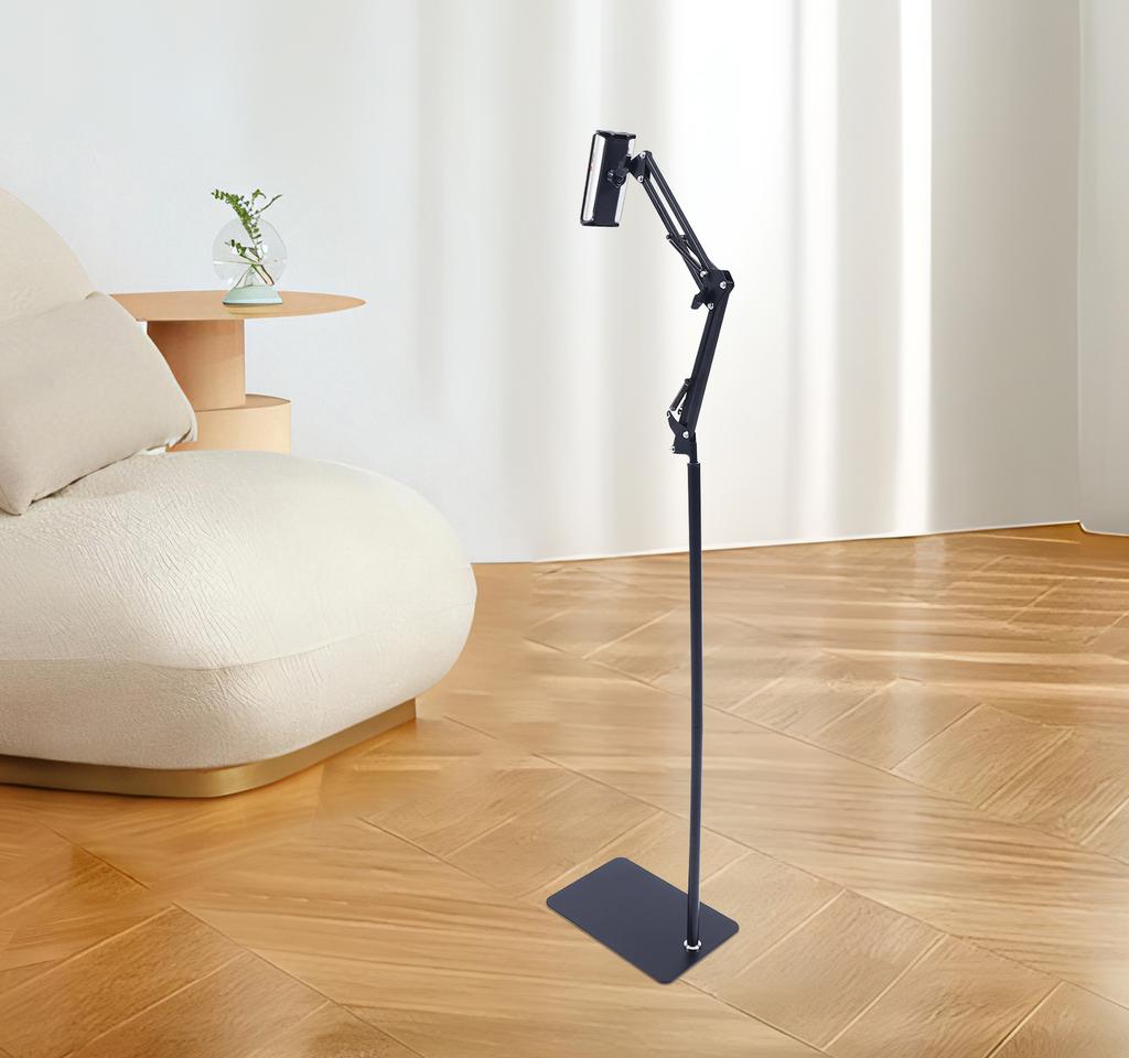 Height Adjustable Floor Stand for Tablet & Phone, 360° Rotating IPad Holder, Modern Black Carbon Steel Stand for Bedroom, Office