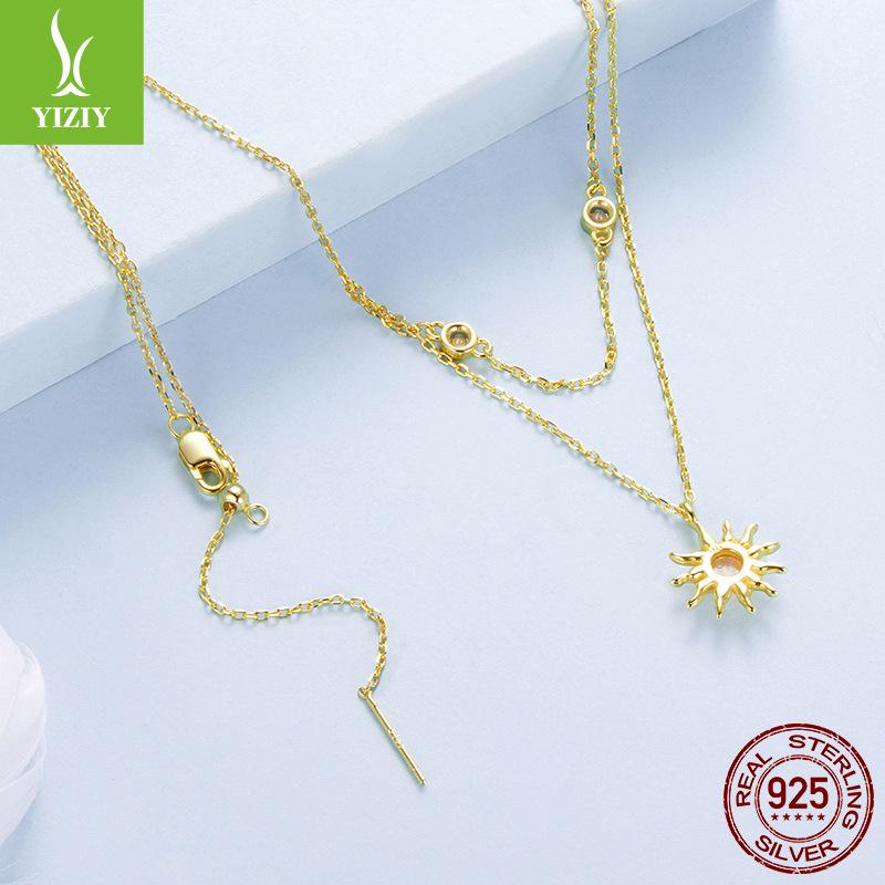 S925 Silver-Plated Gold Opal Sun Double-Layer Necklace, Personal Cold Wind Double-Layer Collarbone Chain