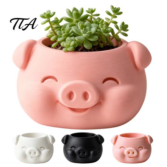 Mini Flower Pot 3D Printed Pig Shaped Flowerpot, Decorative Planter for Succulents Herb Green Plant Container Plants, Animal Holder Indoor Outdoor