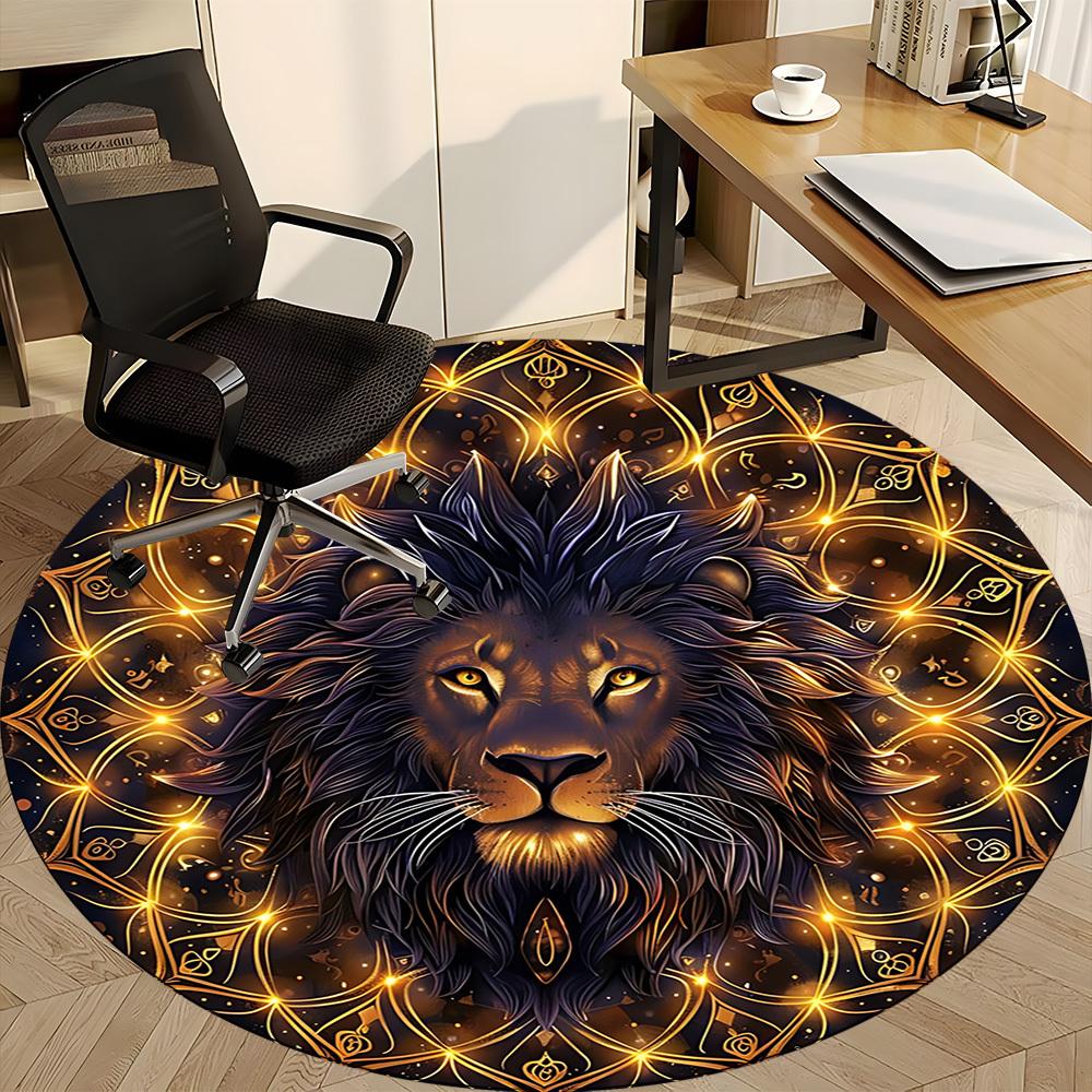 1 Stück Löwen Mandala Stuhlteppich für das Büro, Runde Polyestermatte, Innendekoration für das Büro, Pflegeleichtes Gewebe, Waschbarer rutschfester Teppich