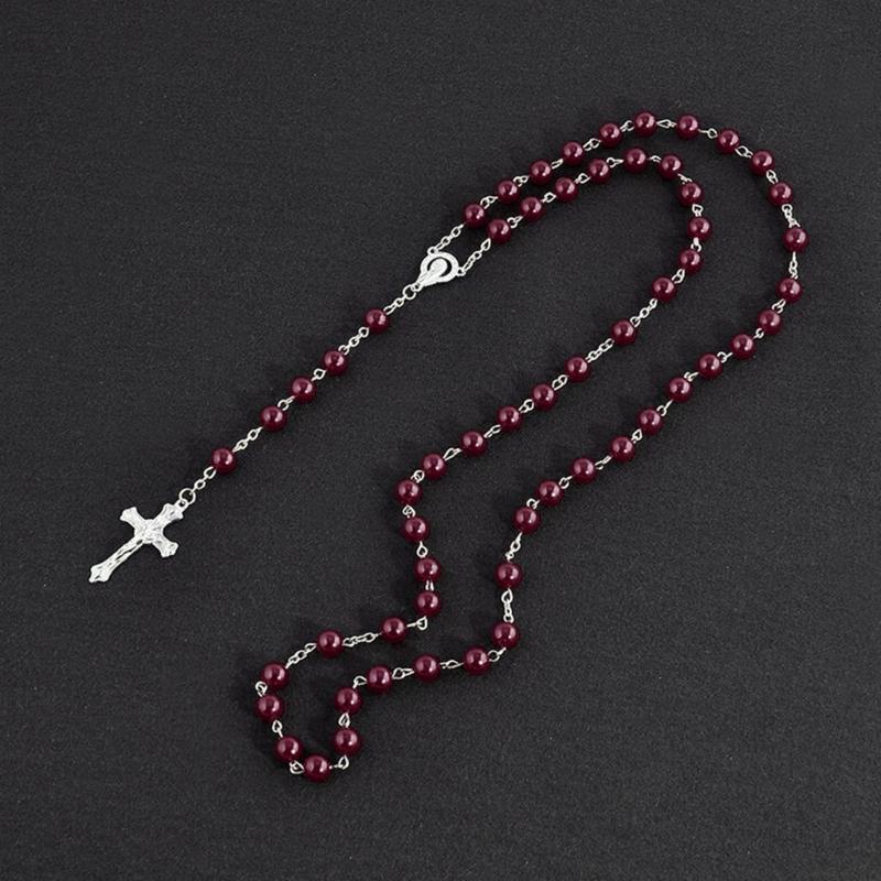 Catholic Imitation Pearl Beads Rosary Necklace Medal Cross Pendant Religious Jewelry First Communion Gift for Girl Women