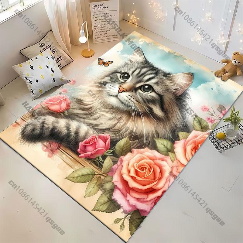 Cat surrounded by colorful flowers carpet Yoga living room room decor children's crawling mat doormat area rug games mat