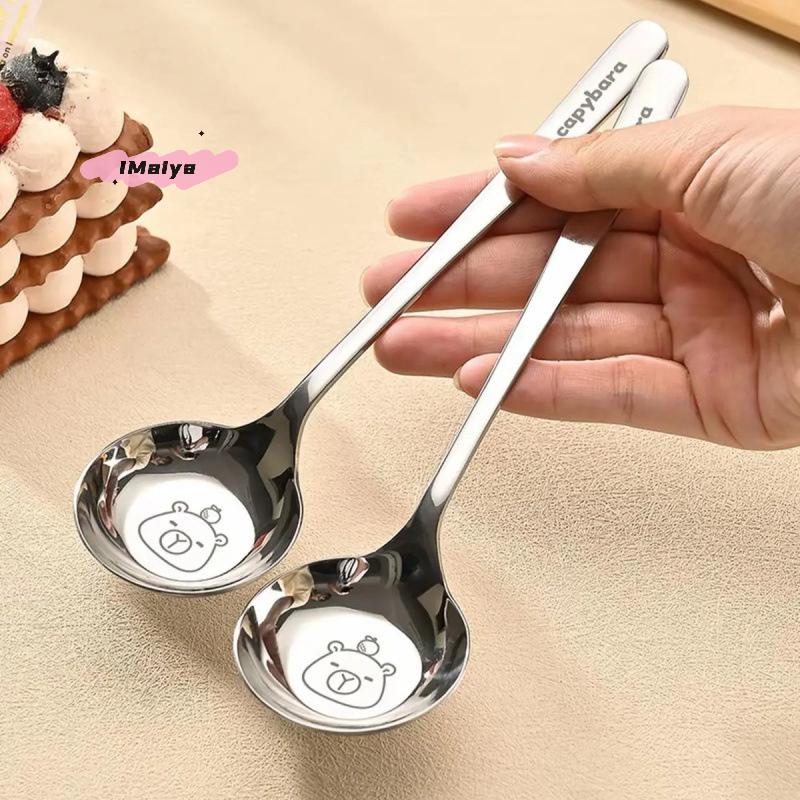 Cartoon Kapybala Stainless Steel Flat-Bottomed Spoon Chinese-Style Tablespoon Thickened Soup Dinnerware for Children